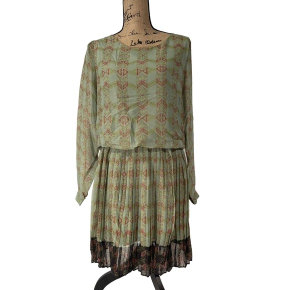 Anthropologie Lavand Women’s Minted Meadows Sheer Pleated Flare Dress Lined M 8 - Picture 2 of 7